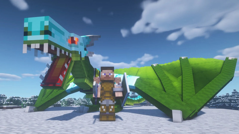 Minecraft Java Edition met een drakenmod.