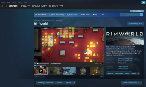 Platforma Steam cu pagina jocului Rimworld.