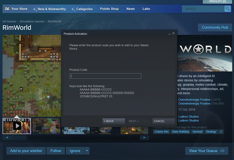 Product activation process to download Rimworld.