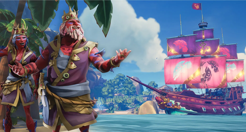 king-like pirates on an island with a pink boat in the background