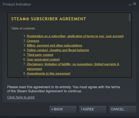 : Ativação do produto Contrato de subscrição do Steam