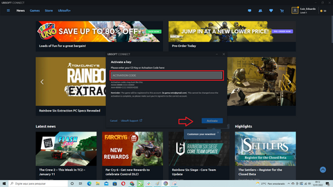 Aktivační okno programu Uplay pro PC