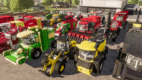 colorful vehicles in farming simulator 19 staging on a parking lot