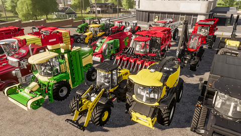 kleurrijke voertuigen in farming simulator 19 op een parkeerplaats