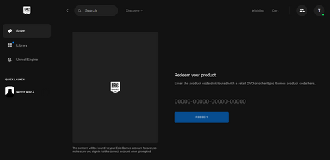 Redeem your product window on Epic