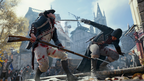 assassino che uccide un soldato francese in assassin's creed unity