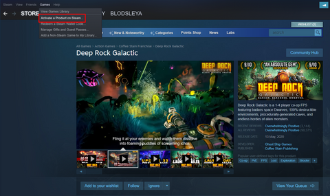 "Attiva un prodotto su Steam" Posizione.