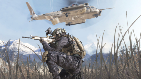 Soldado do COD Modern Warfare 2 com um helicóptero.
