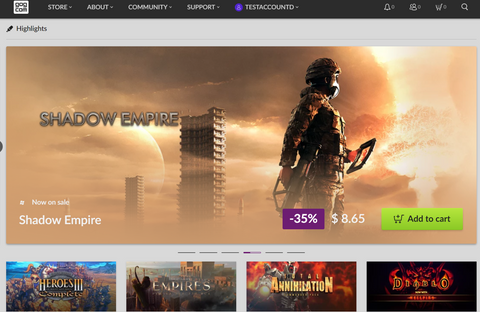 Pagina principală a platformei de jocuri GOG.