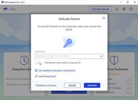 fenêtre d'activation de malwarebytes