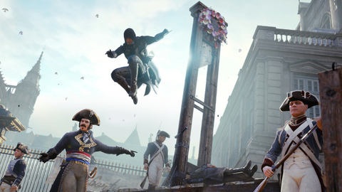 Assassins' Creed Unity: assassino che salta sui soldati francesi