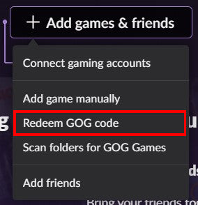 Cliccate su "Riscatta un codice GOG", come mostra questo esempio