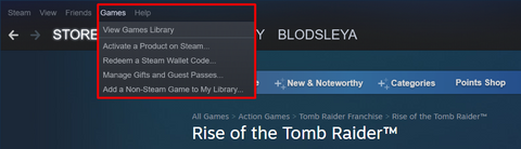 The “games” menu on the Steam client.