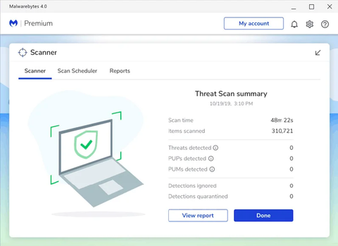 riepilogo della scansione delle minacce di malwarebytes