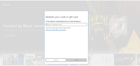 Xbox Live CD Key invoer, vergelijkbaar met een Steam-sleutel.