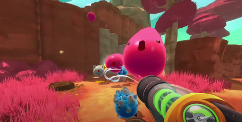 Slime Rancher Spielverlauf: VacPack Ziehen einer Gruppe von Slimes