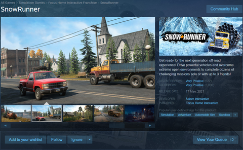 Σελίδα Snowrunner Steam με περιγραφή καταστήματος.