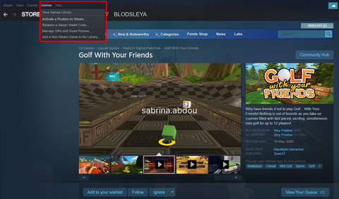 Cliente de Steam abierto para canjear la clave de Steam de Golf With Your Friends.