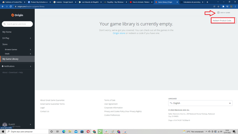 Canjear el código en la página Biblioteca Origin