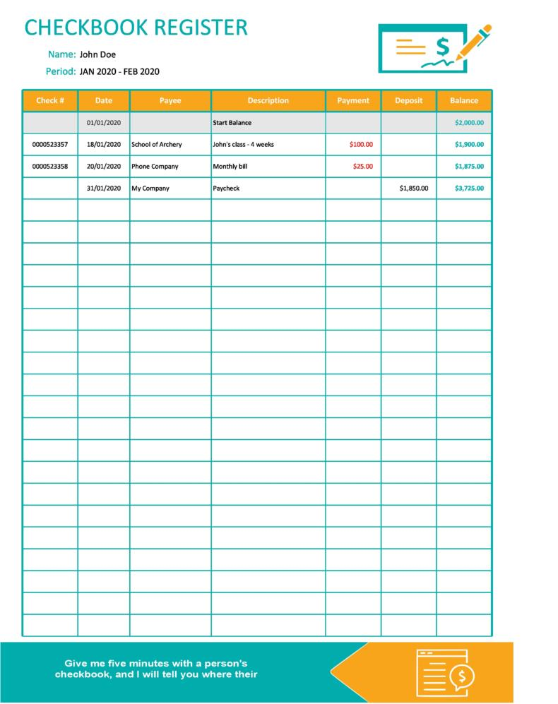 checkbook template excel