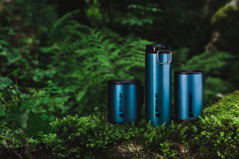 Stanley Titanium Series Multi-Cup, Travel Mug and Camp Mug surrounded by ferns.
