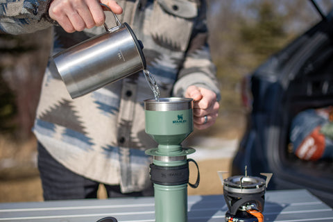 Hot water being poured into the Stanley Perfect-Brew Pour Over.