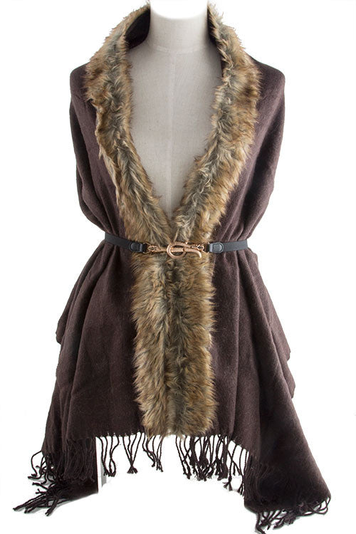 Faux Fur Detail Shawl in Black and Chocolate – Modern and Chic Boutique