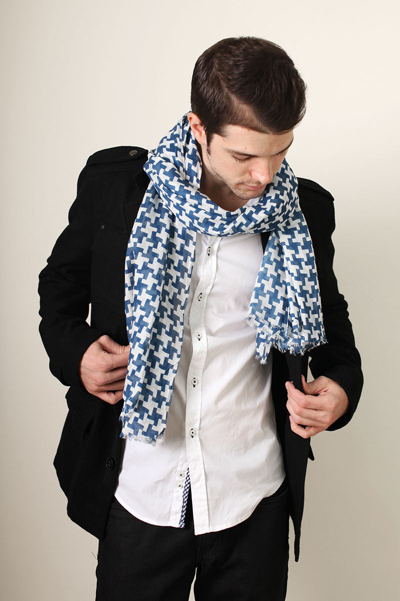 Anika Dali Classic White and Blue Houndstooth Print Scarf