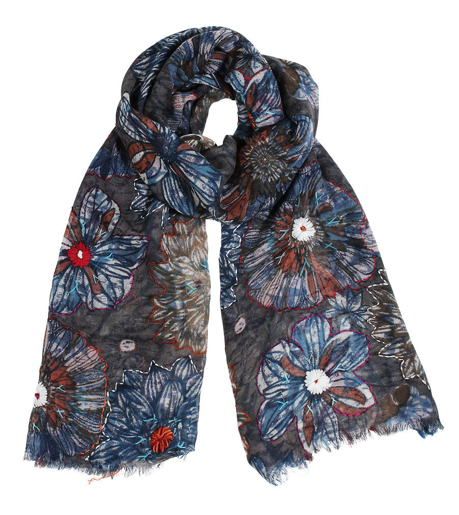 Anika Dali Women's Van Gogh Floral Hand Embroidered Natural Soft Wool Scarf