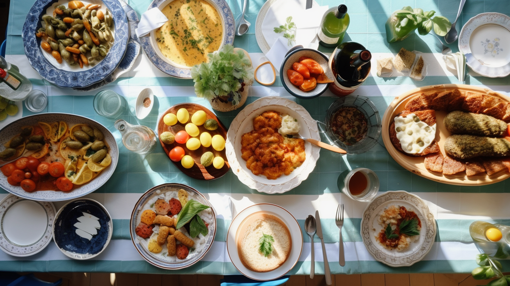 Stock Photography of dining table and delicious meals created with Midjourney AI 