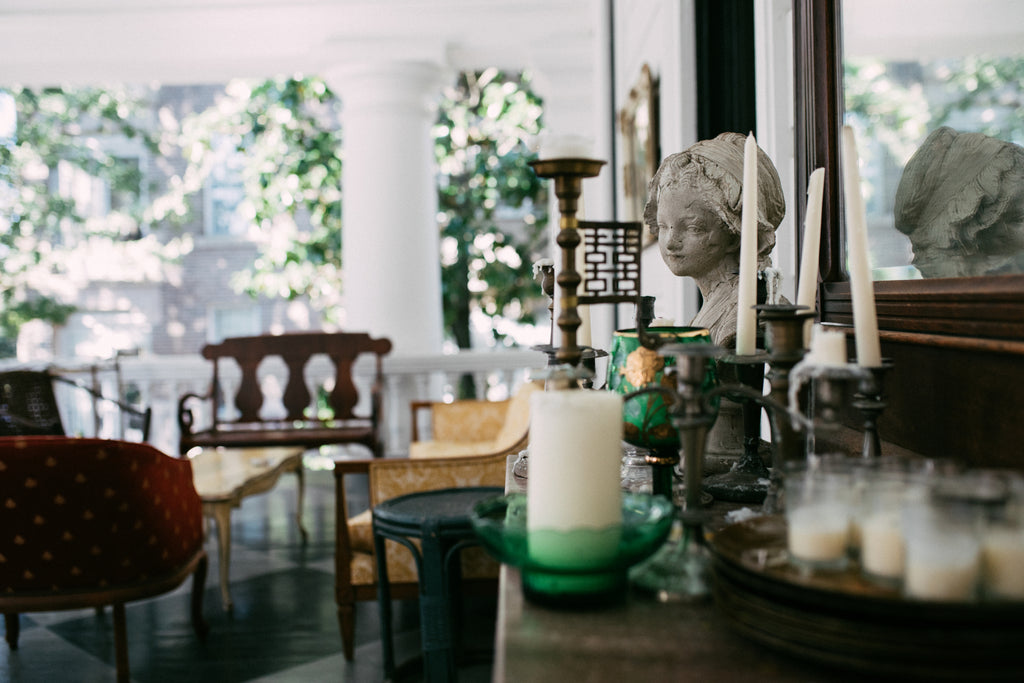 A grand porch at Columns with historic decoration