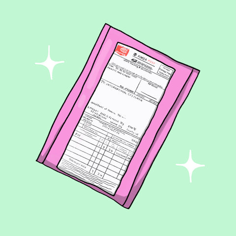Illustration of a pink bubble mailer with a k-packet label on it.