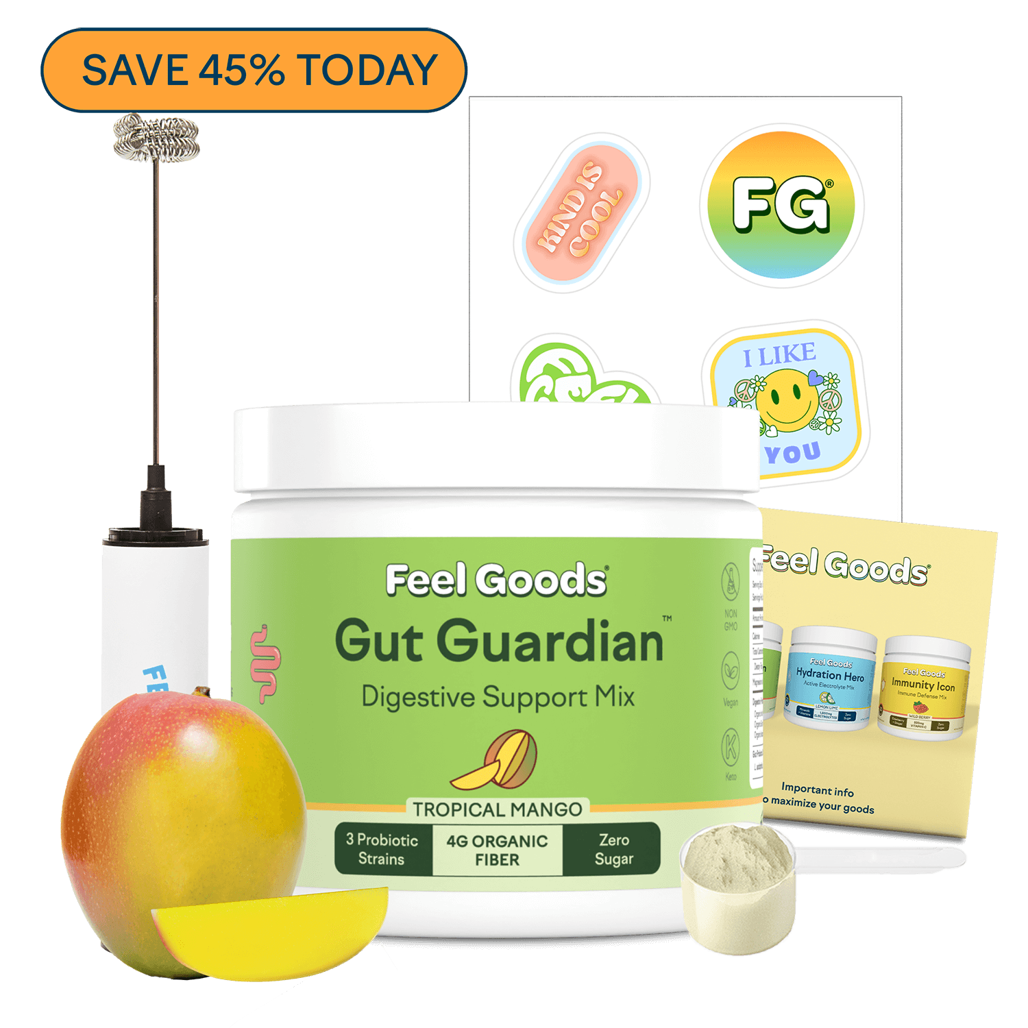 Feel Goods Gut Guardian digestive support mix with mango, mixer, stickers, and instruction card.