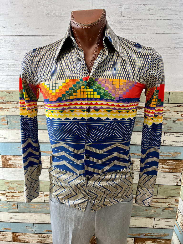 70's Multicolor Aztec Print Disco Long Sleeve Shirt by Nik Nik – Hamlets  Vintage