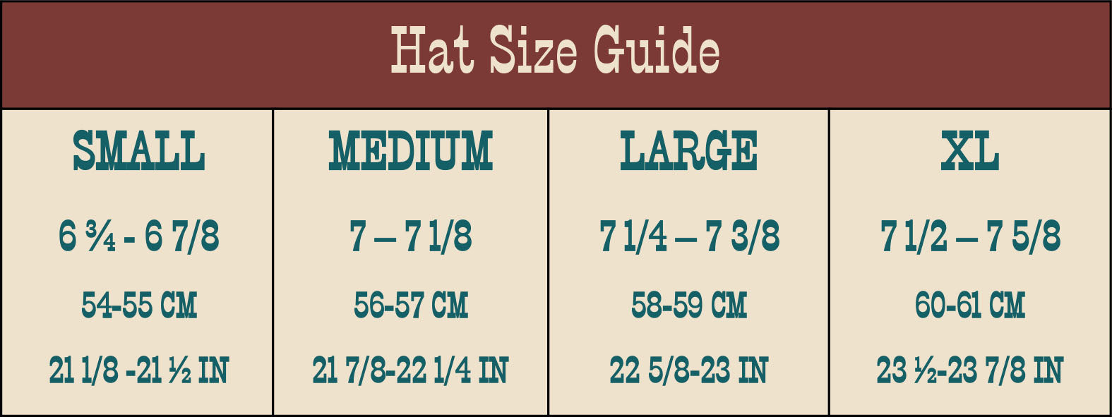 Sepiachord, Men's Hat Size Conversion Chart