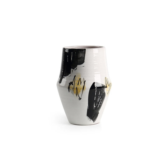 White Handmade  w/ Yellow & Black Stripe Ceramic Vase | Bubuland Melbourne