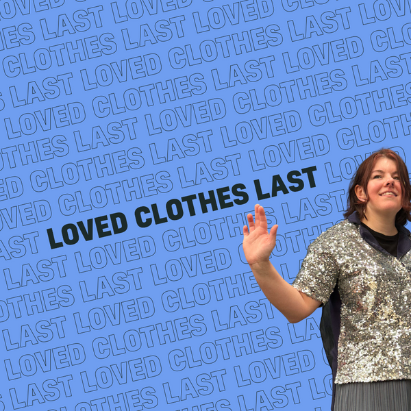 Online Store Assistant Liz posing in front of a blue background with graphics reading "Loved Clothes Last"