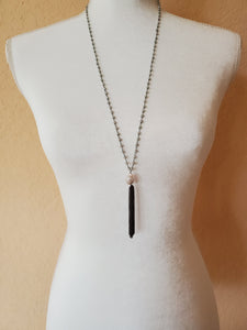 Long Moonstone Necklace with Pearl and Sterling Silver Tassel