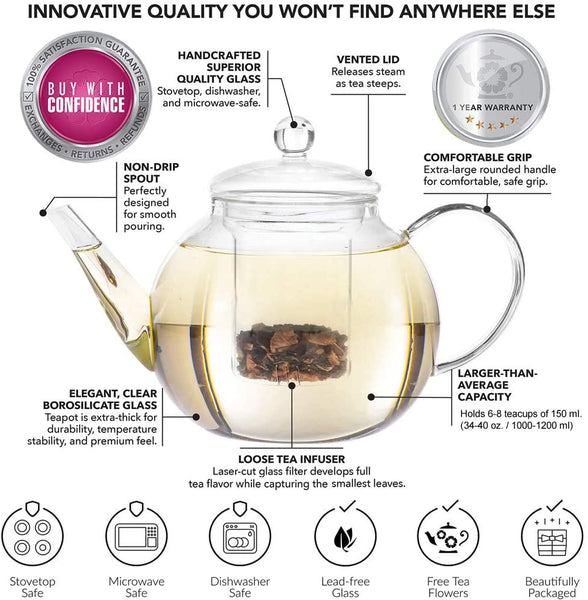 Teabloom Stovetop & Microwave Safe Glass Teapot