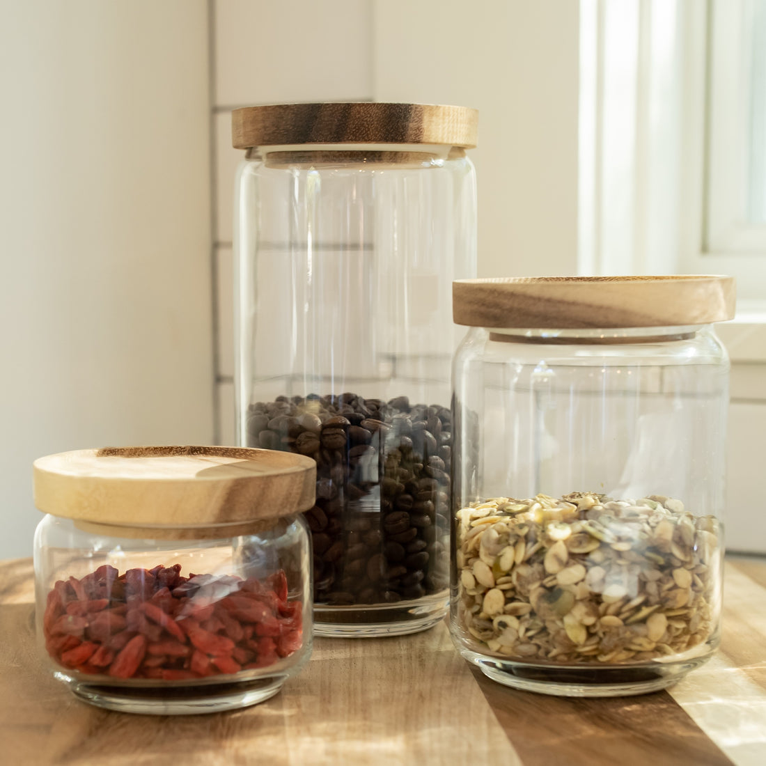 Acacia Wood & Glass Jar Set With Tray