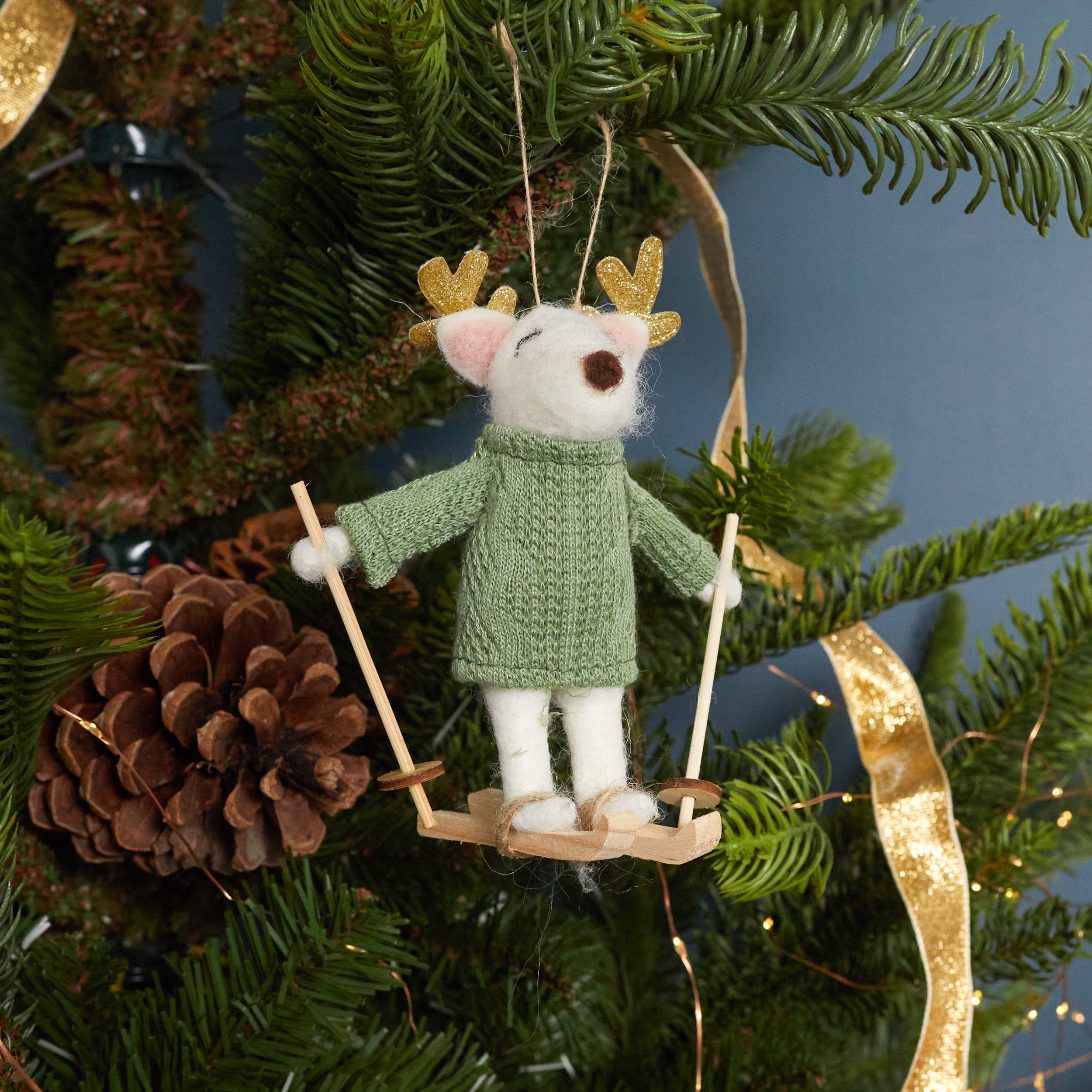 Felt Snow Deer Skier Ornament, Green Cable Knit Sweater - Be Home