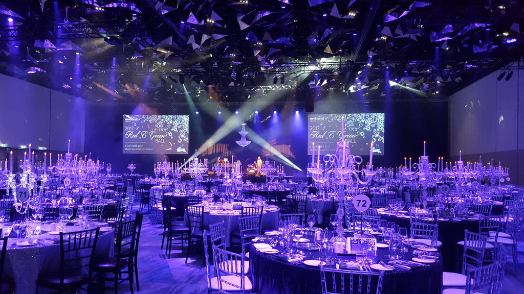 Rabbitohs red and green ball decorating at ICC by Fairytale Events