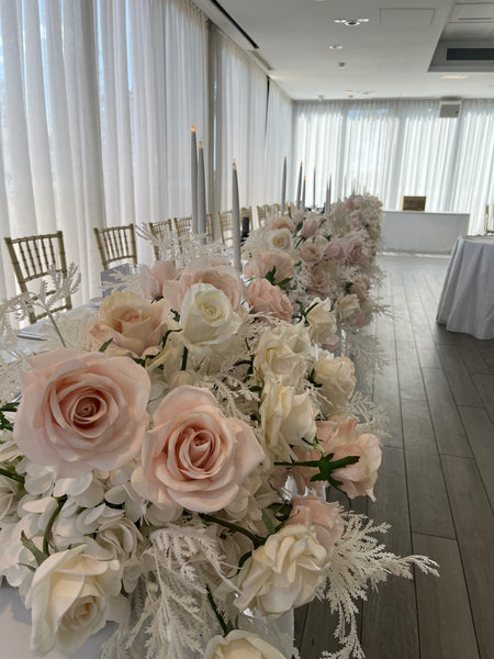 Artificial floral hire bridal table. Alanah faux floral Fairytale Events
