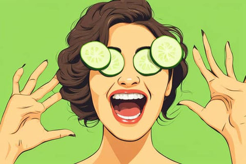 woman laughing telling jokes with cucumber slices on top of her eyes