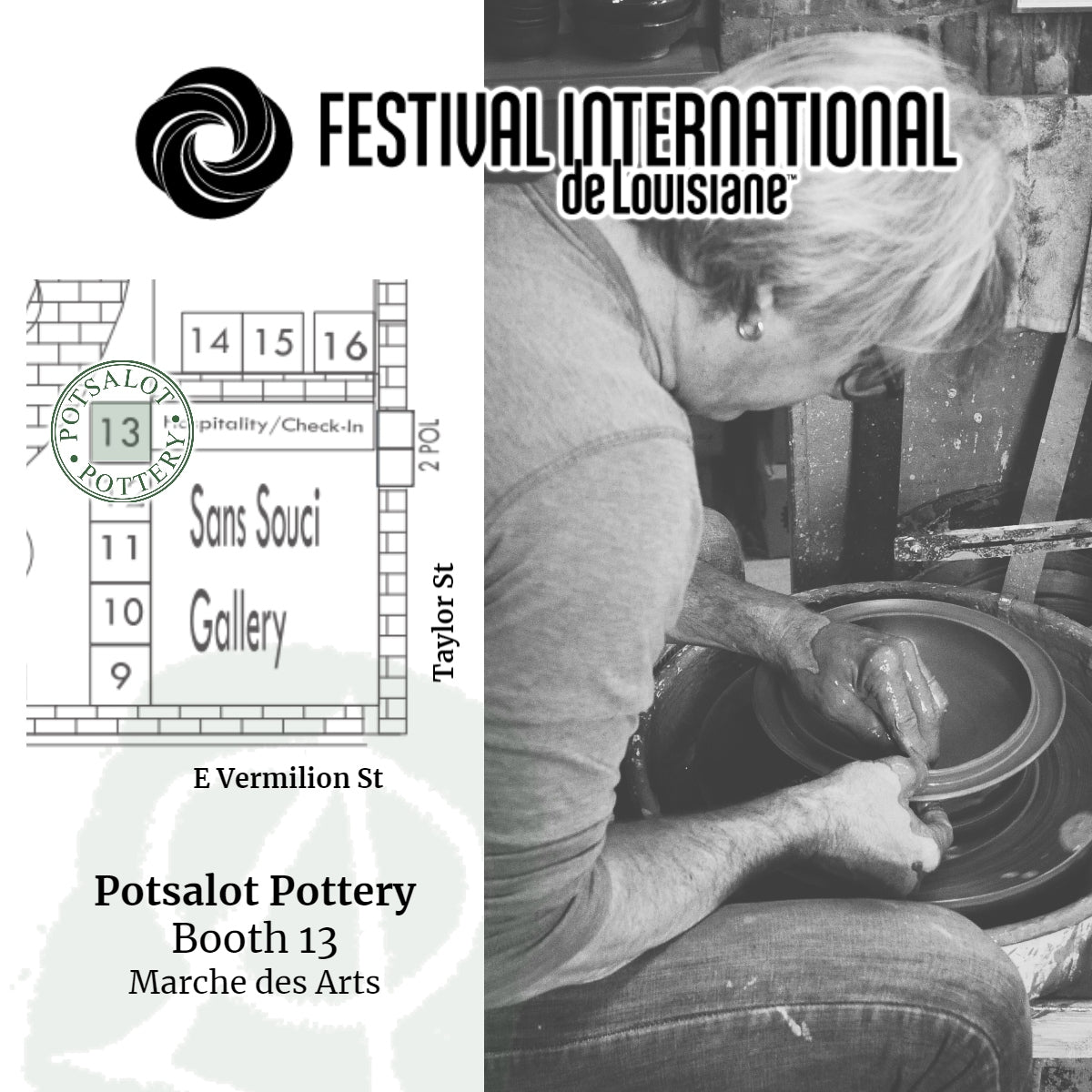 Alex at work at the potter's wheel, throwing a lid.  Map of Potsalot's booth location, booth 13, on the corner of Sans Souci Gallery.