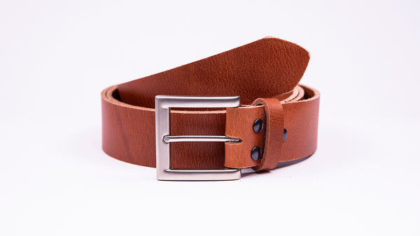 Genuine Tan Leather Jeans Belt - Square Satin Silver Buckle ...