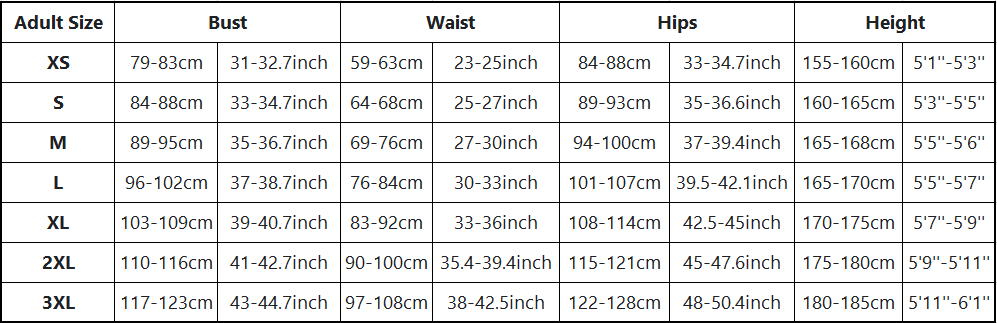 Barbie Dress Cosplay size table