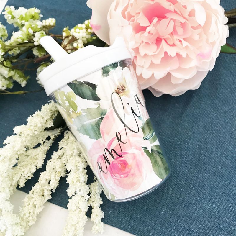 Personalized Sippy Cup Engraved with Floral Wreath and Name