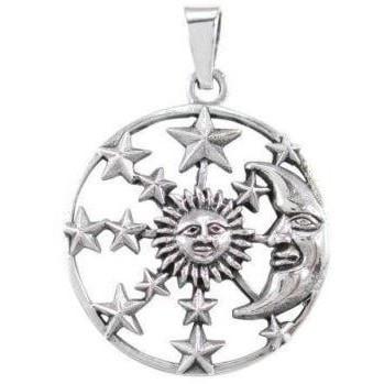 925 Sterling Silver Sun Crescent Moon Face Sky Stars Heaven Lovely Charm Pendant_1-Jilolo Store