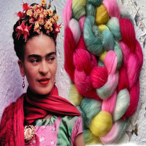 Frida Kahlo with hand dyed tops in the same colour as her dress
